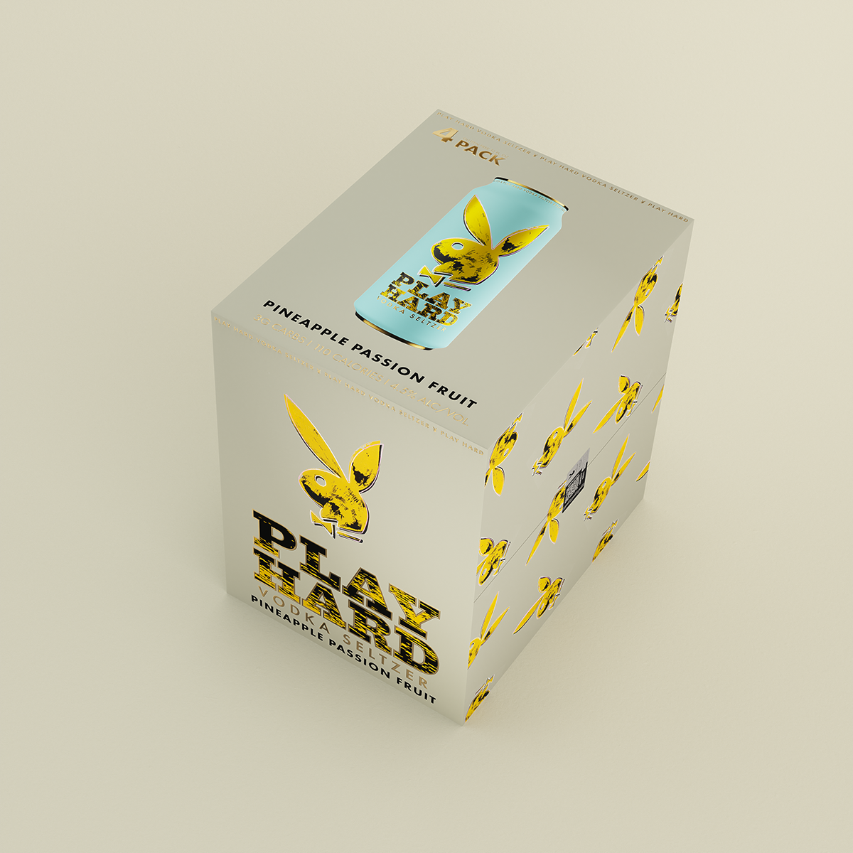 Top perspective view of the Play Hard Vodka Seltzer Pineapple Passion Fruit case.