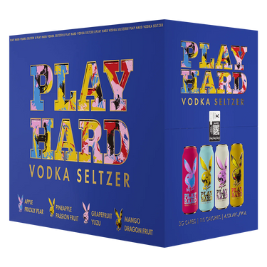 Perspective view of the Play Hard Seltzer Variety Pack box.